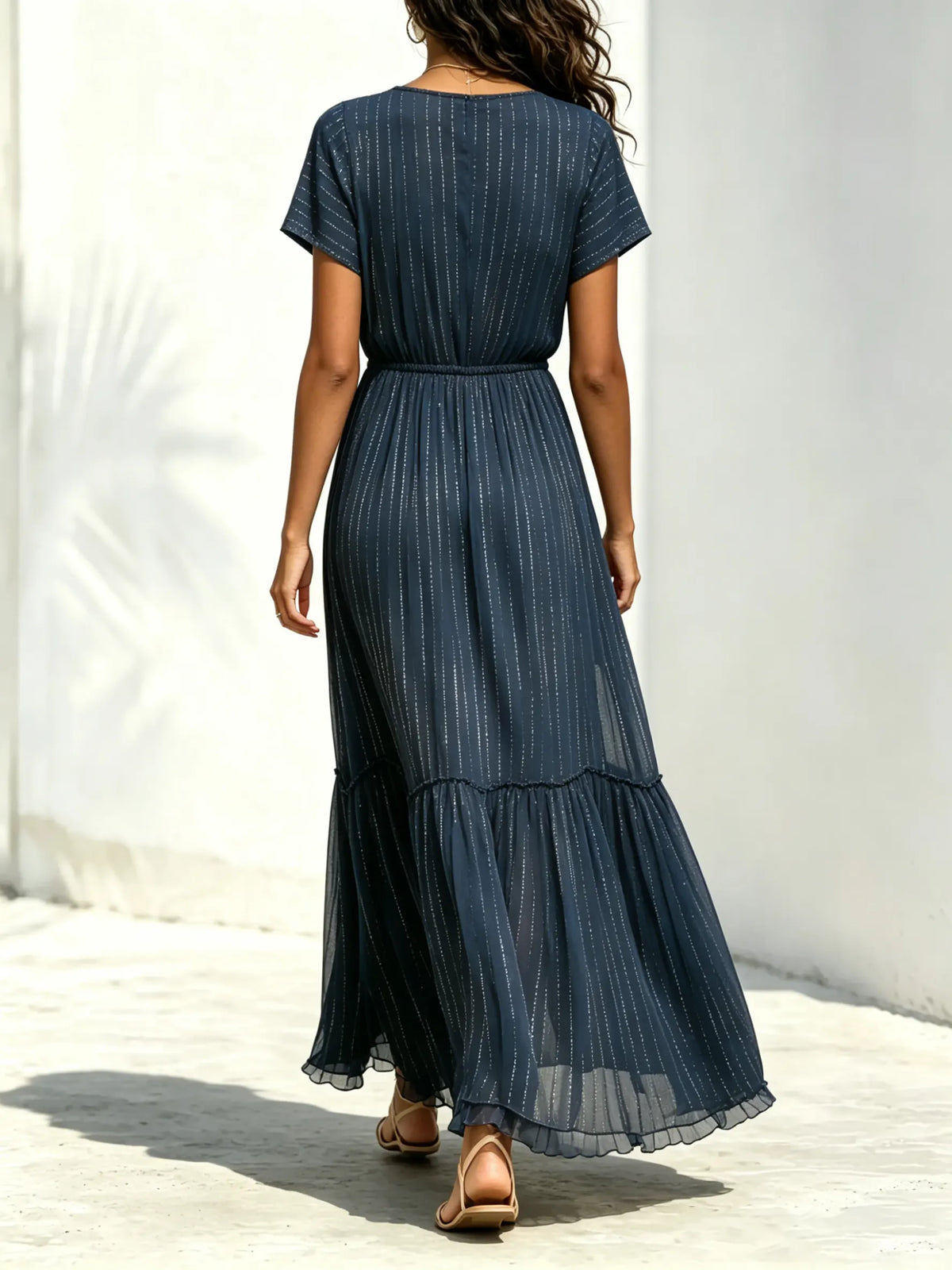 Women's Sparkly Stripe Tiered Pleated Maxi Dress