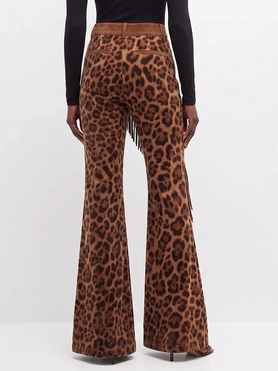 Bold Leopard Print Asymmetrical Fringe Flared Pants