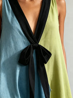 Women's Blue Green Color Block Denim Bow V Neck Maxi Dress