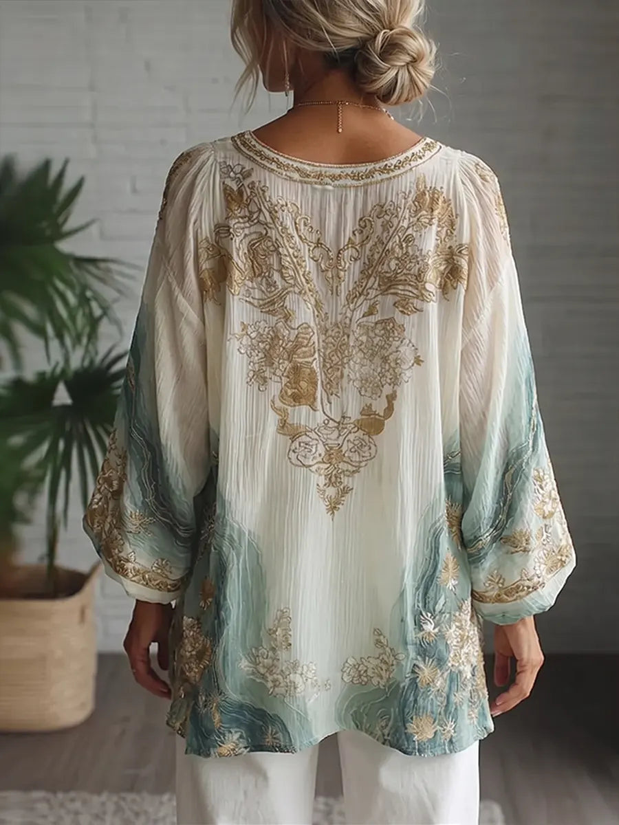 Ethereal Gold-Motif V-Neck Wave Print Tunic