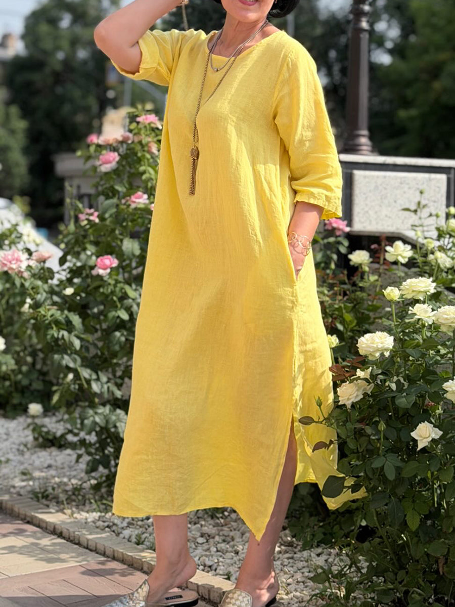 Sunny Yellow Cotton-linen Dress With Side Slits