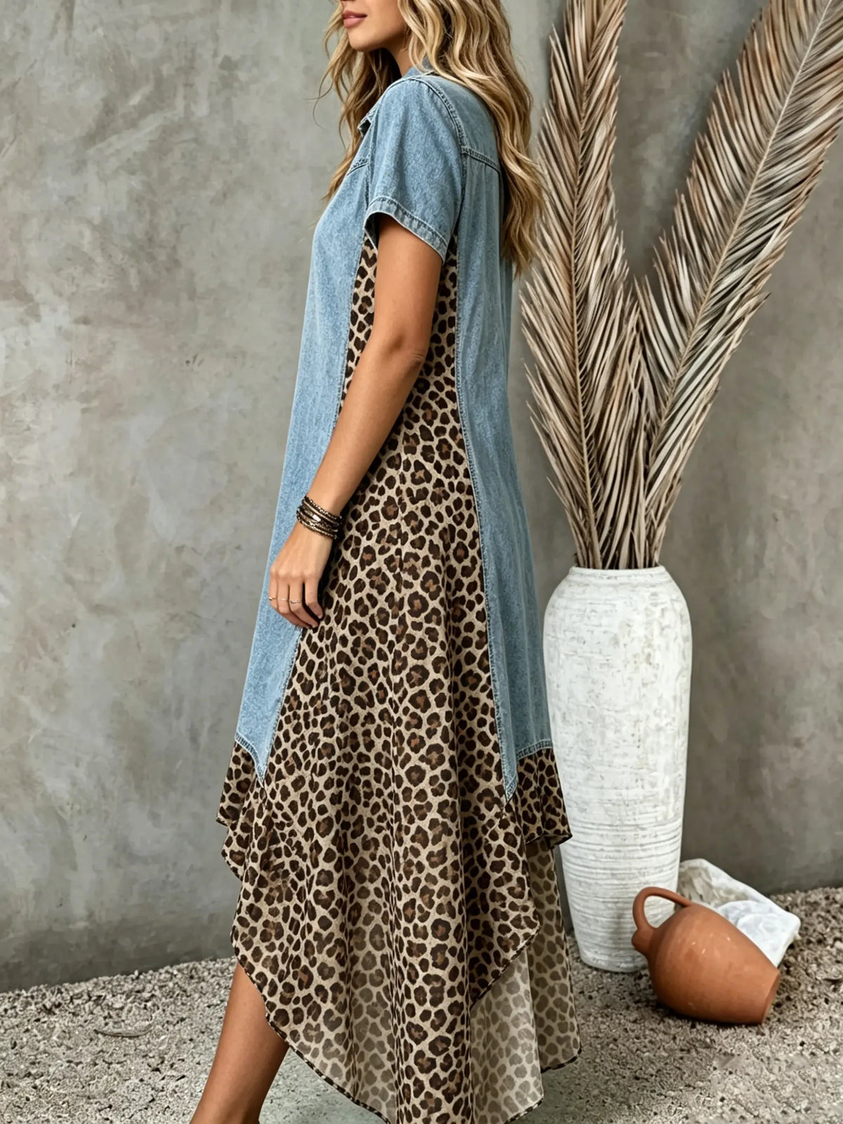 Women's Denim Patchwork Classic Leopard Irregular Hem Shirt Maxi Dress