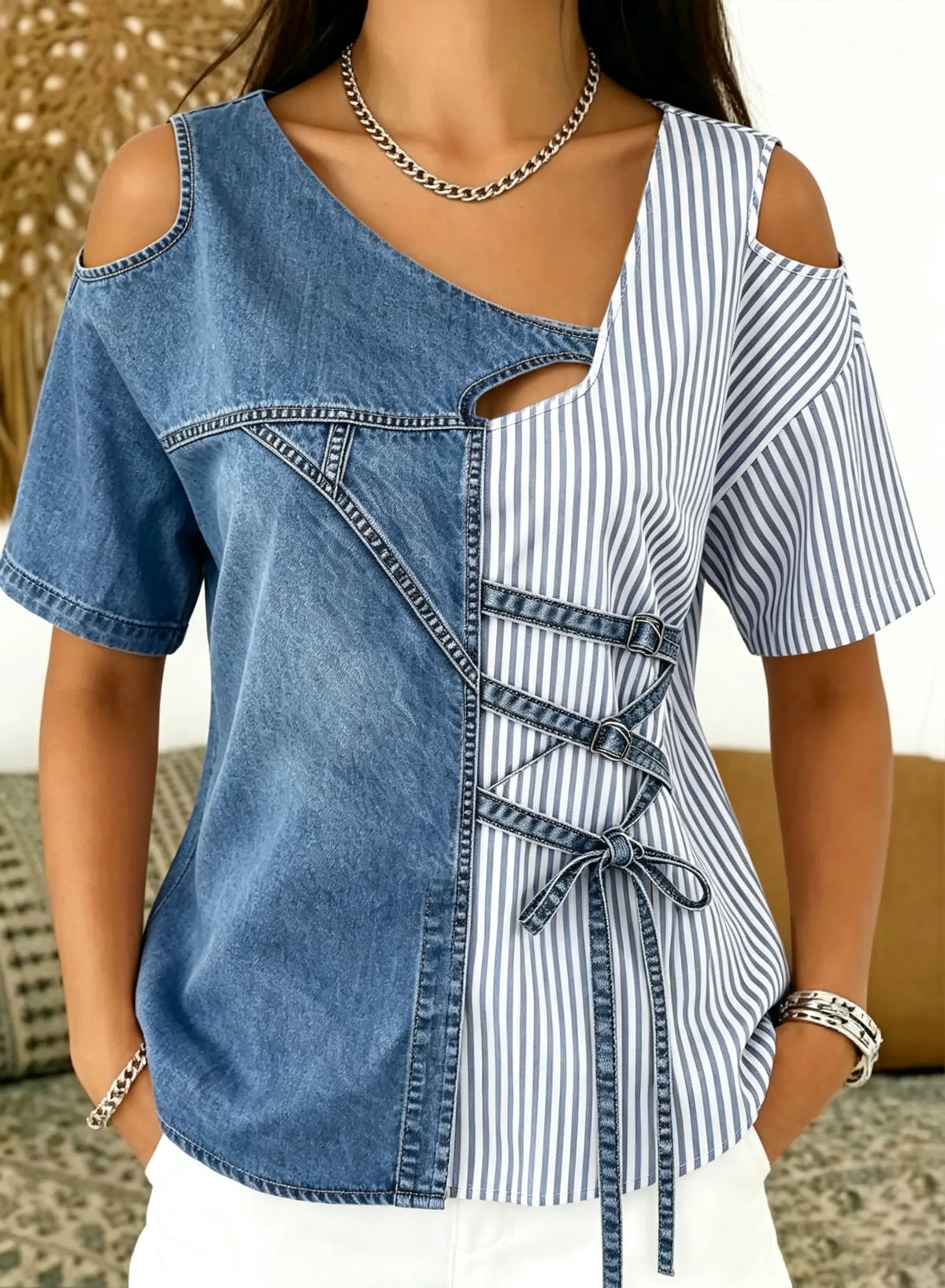 Women's Vertical Stripe Denim Patchwork Cutout Cold Shoulder Short Sleeve Top