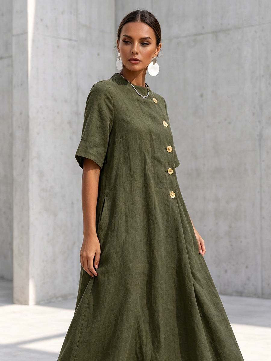 Elegant Olive Green Dress With Metal Buttons