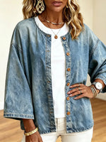 Casual Collarless Oversized Button-Down Denim Shirt