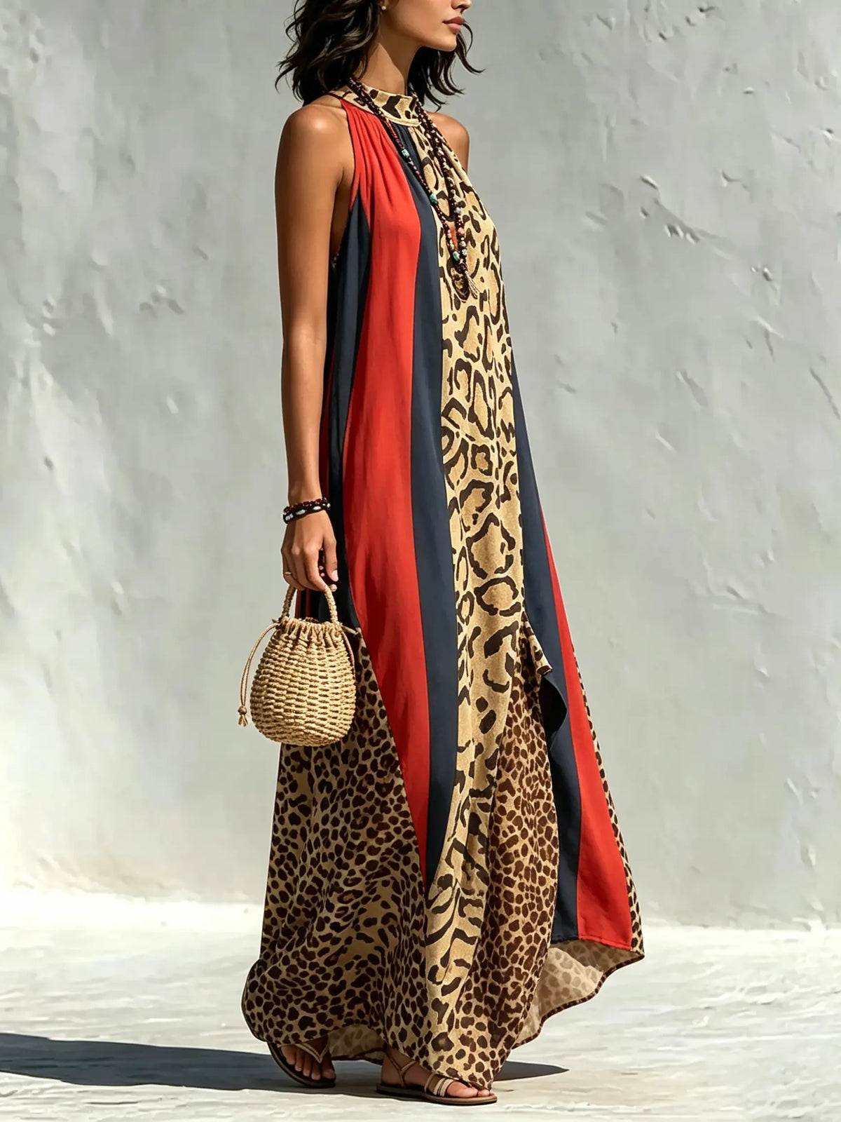 Women's Leopard Color Block Stripe Halter Slit Maxi Dress