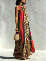 Women's Leopard Color Block Stripe Halter Slit Maxi Dress