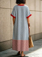Casual Resort Multi-stripe Red Binding V-neck Loose Cover-up Dual Patch Pocket Ankle Linen Dress