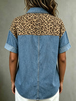 Women’s Leopard Patchwork Short Sleeve Collared Denim Shirt With Chest Pockets