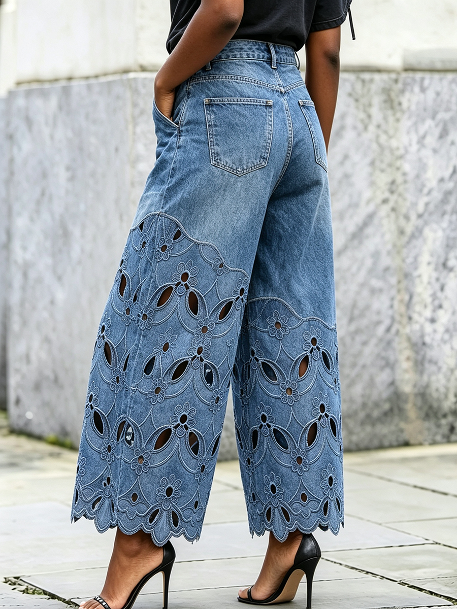 Chic Floral-embroidered Cropped Denim Pants