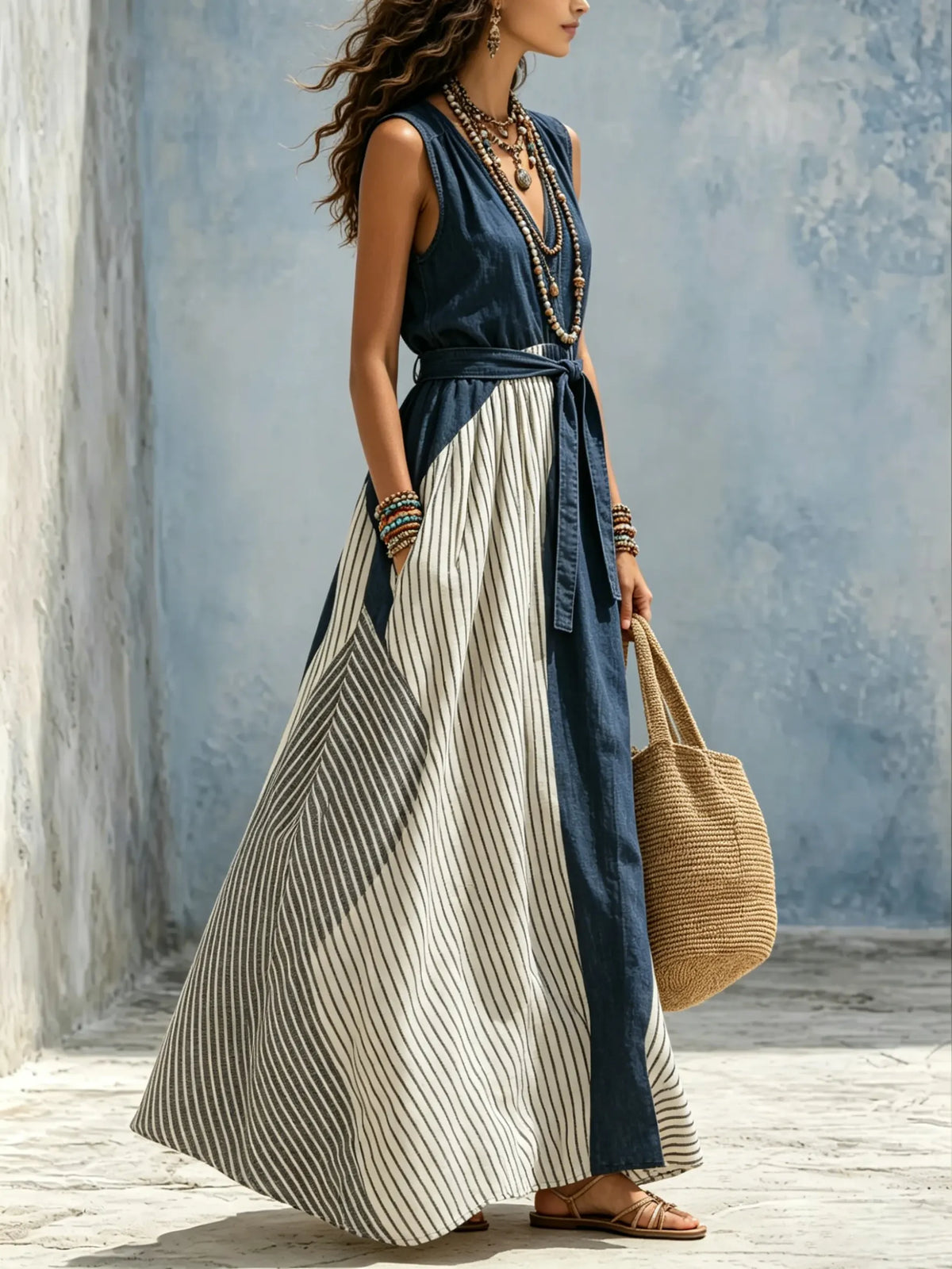 Women's Vertical Stripe Color Block Denim V Neck Sleeveless Waist Tie Maxi Dress