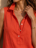 Women's Collared Half Button Sleeveless Cotton Linen Tank Blouse