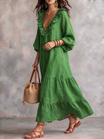 Boho Ruffled Cotton-linen Dress With Pockets