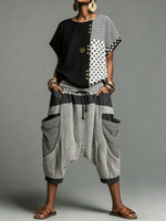 Womens Striped Patchwork Drop Crotch Harem Cropped Pants