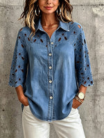 Elegant Boho Floral Lace Three-quarter Sleeves Denim Shirt Top