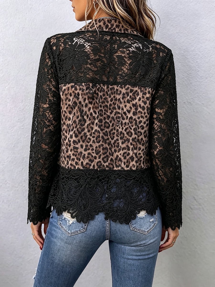 Casual Denim Jacket With Leopard Print And Lace Paneling