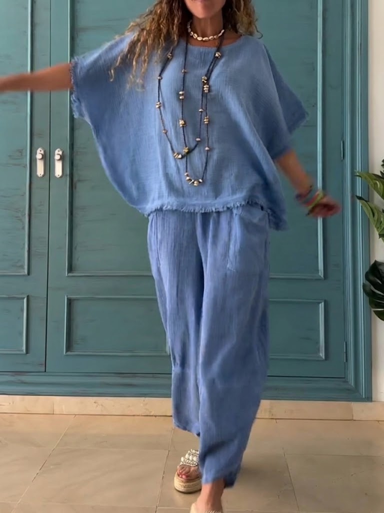 Casual Linen And Cotton Two-piece Set (top And Trousers)