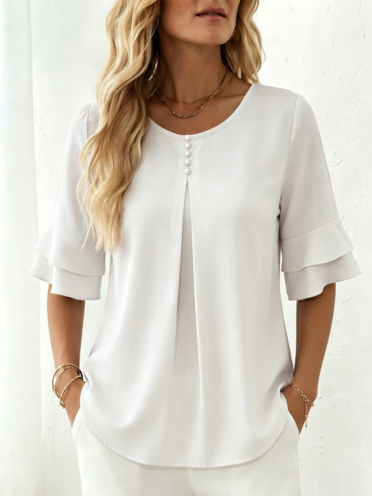 Loose-fit, Slimming Short-sleeved Shirt With Double-layer Ruffles