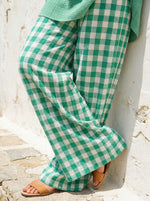Womens Textured Cotton Linen Top & Gingham Wide Leg Pants Two Piece Set