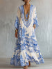 Boho-style Vintage Blue Floral Print Cotton Maxi Dress