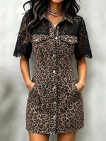 Casual Leopard-print Denim Mini Dress With Lace Paneling