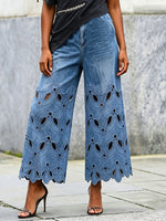 Vintage-style Floral Embroidered Cropped Denim Pants