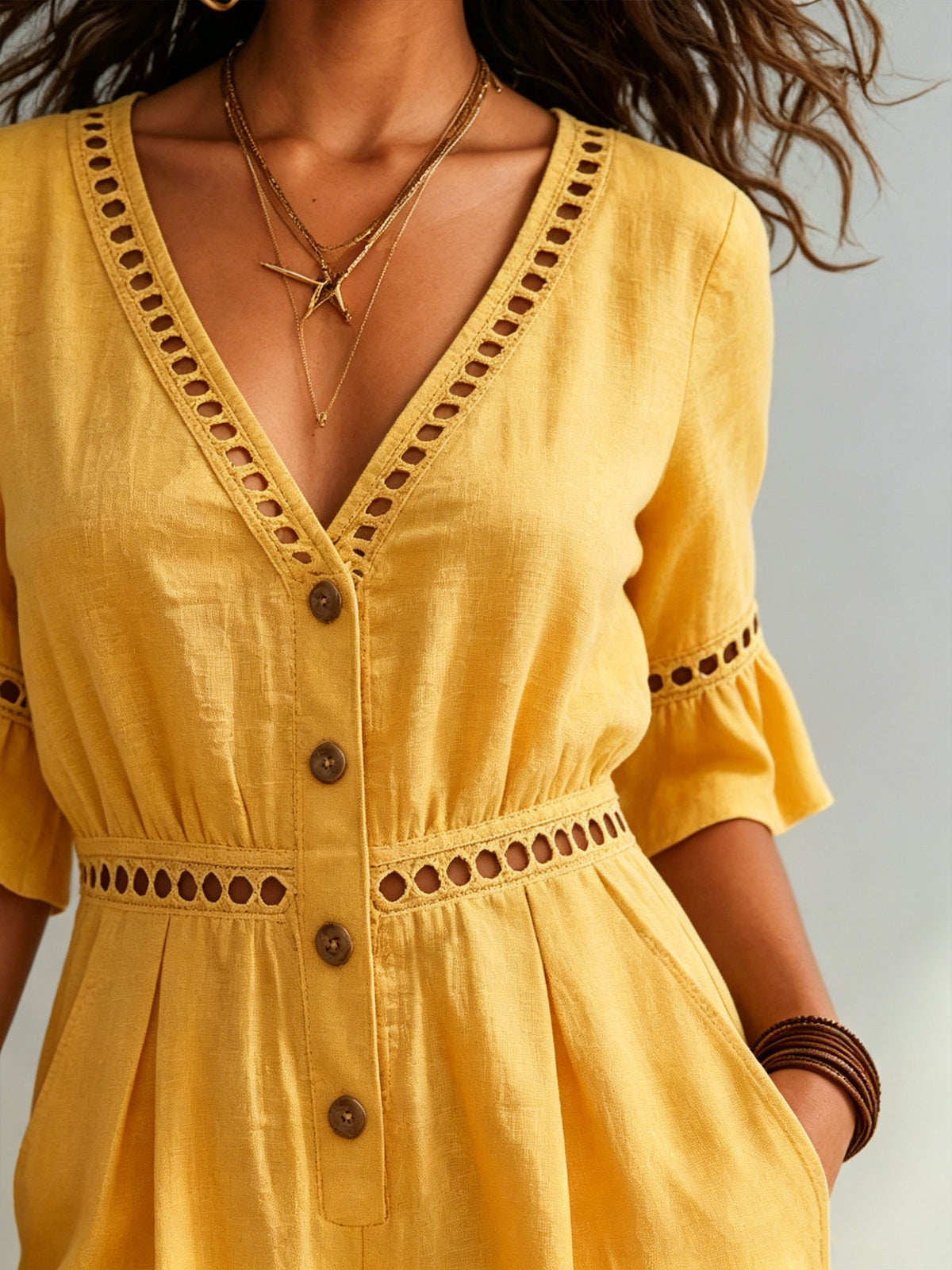 Womens Eyelet Cutout V-neck Ruffle Sleeve Cotton Linen Wide Leg Jumpsuit