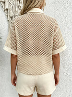 Women's Solid Crochet Hollow Out Collared Short Sleeve Shirt