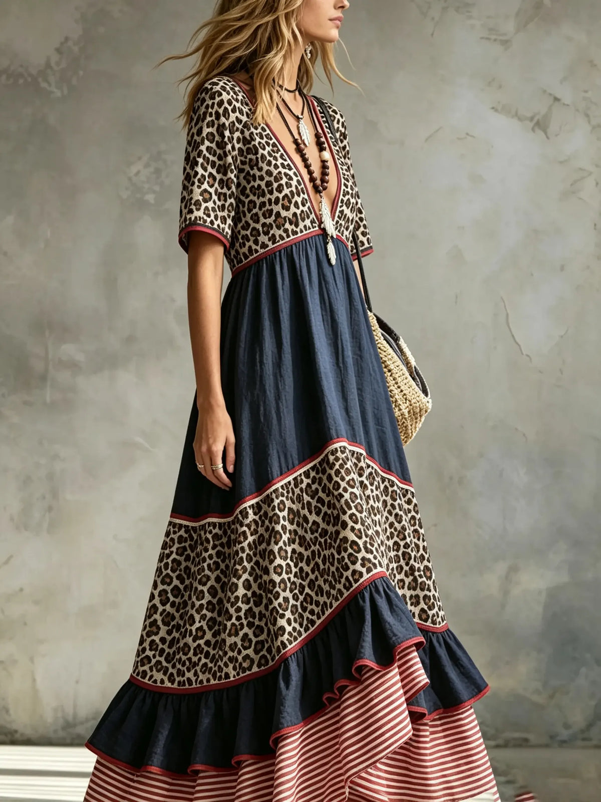 Women's Leopard Stripe Spliced V-Neck Tiered Maxi Dress