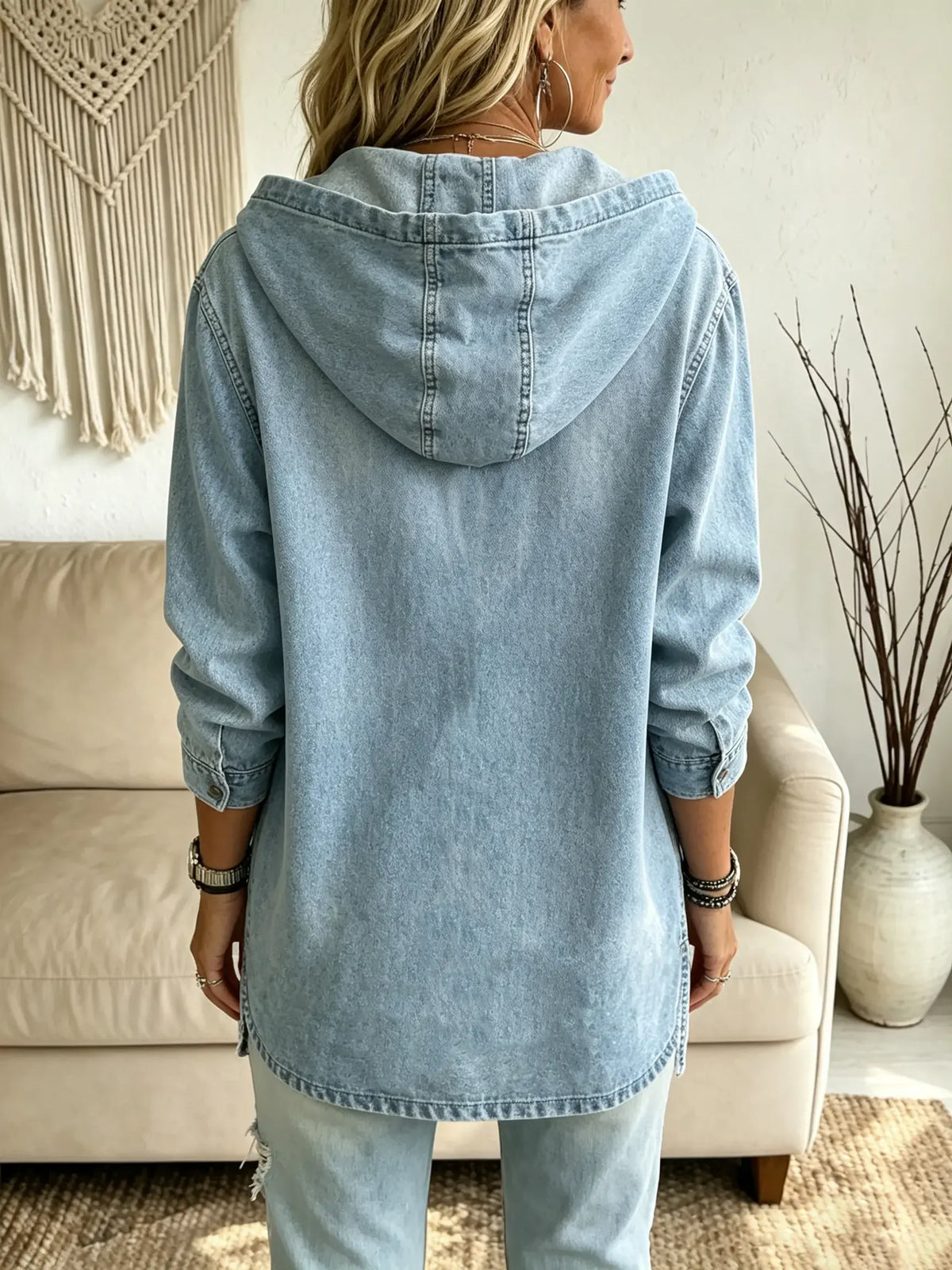 Women's Solid Washed Denim Hooded Henley Top