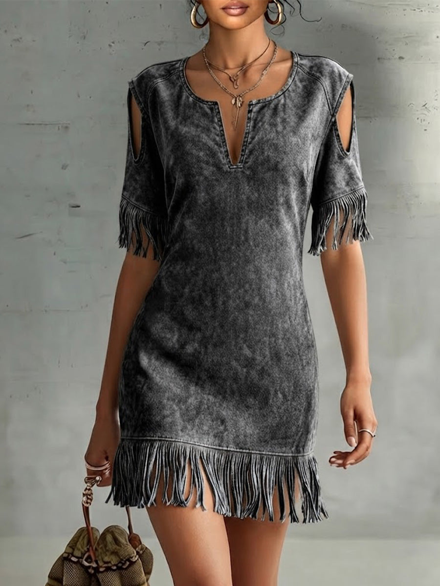 V-neck, Off-shoulder, Short-sleeve, Loose-fit Midi Dress In Faux Suede With Fringe Detailing—perfect For A Vacation Look
