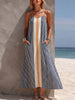 Women's Striped Print V-neck Sleeveless Casual Loose Cotton-linen Camisole Dress