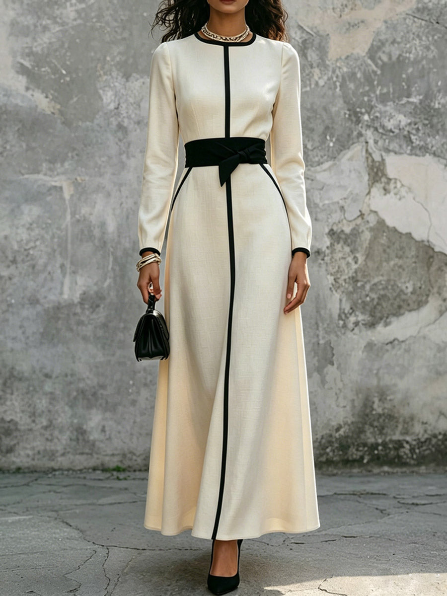 Women's Elegant Contrast Trim Art Casual Stylish Long Sleeve Maxi Dress