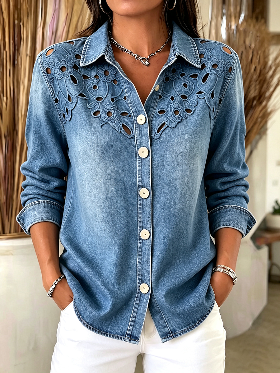 Vintage-style Floral Embroidered Cut-out Denim Shirt
