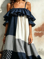 Women's Polka Dot Stripe Color Block Ruffle Off Shoulder Spaghetti Strap Maxi Dress