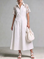 Women's Solid Color Lapel Short-sleeve Casual Loose Cotton-linen Shirt Dress