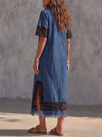 Vintage Art Comfortable Fabrics Hollowed Out Lace Patchwork Denim Dress