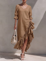 Women's Solid-color V-neck 3/4 Sleeve Casual Loose Cotton-linen Dress With Ruffle Details