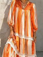 Women's Striped Loose Art Casual Stylish V-collar 3/4 Sleeve Maxi Dress