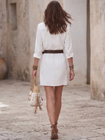 Effortless White Utility Belt Linen Shirtdress
