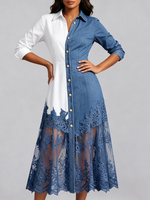 Elegant Two-tone Lace Hem Denim Dress