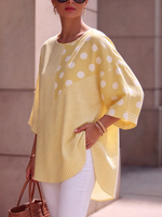 Sunny Yellow Striped And Polka-dot Patchwork Cotton-linen Top