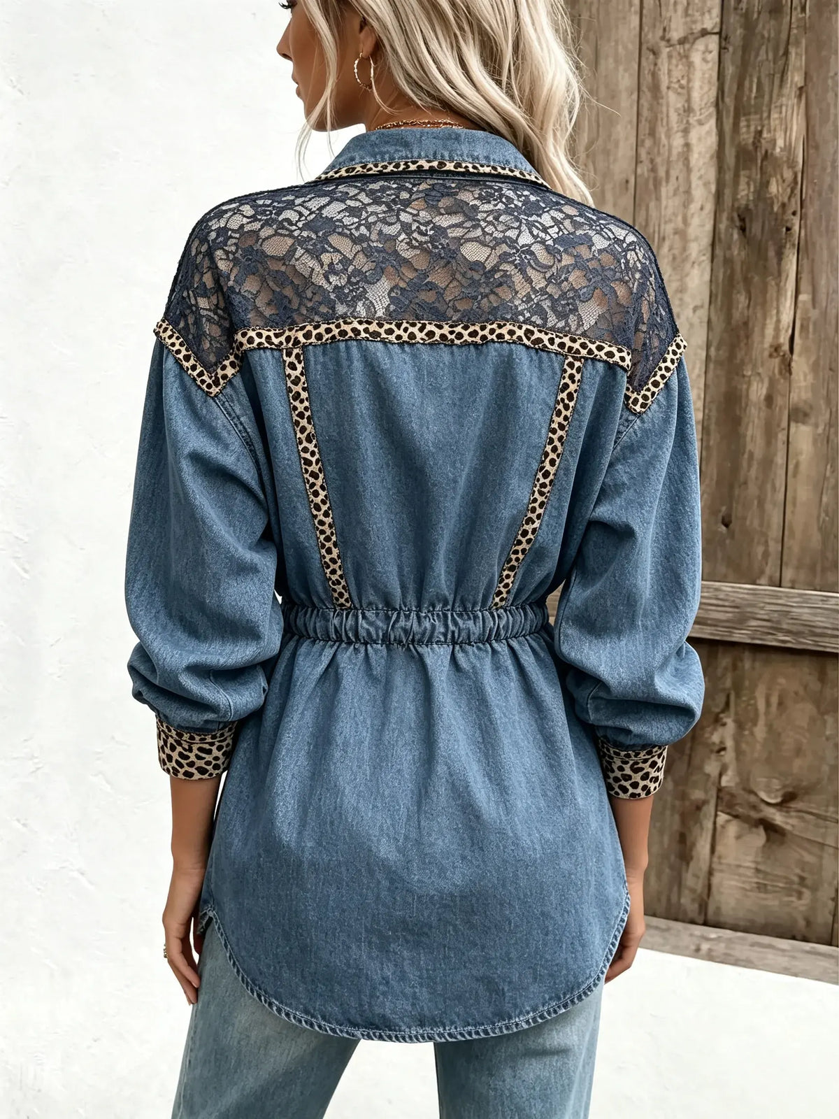 Women's Leopard Lace Spliced Drawstring Waist Denim Shirt Jacket