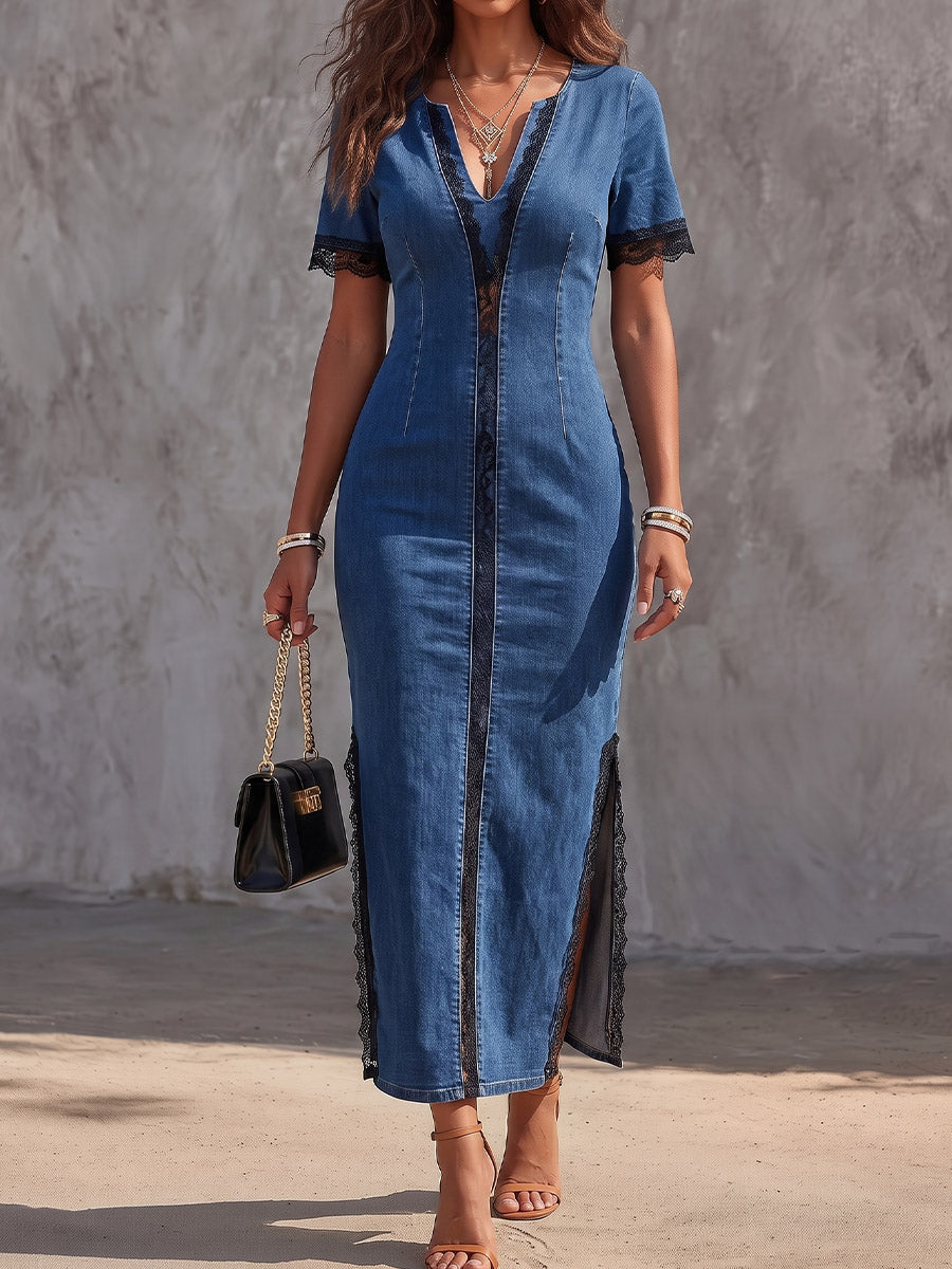 Vintage Art Comfortable Fabrics Hollowed Out Lace Patchwork Denim Dress