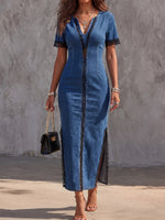 Vintage Art Comfortable Fabrics Hollowed Out Lace Patchwork Denim Dress