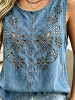 Women's Cutout Floral Denim Tank Top