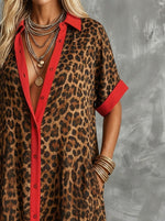 Women’s Red Trim Leopard Print Short Sleeve Chiffon Shirt Maxi Dress With Pockets