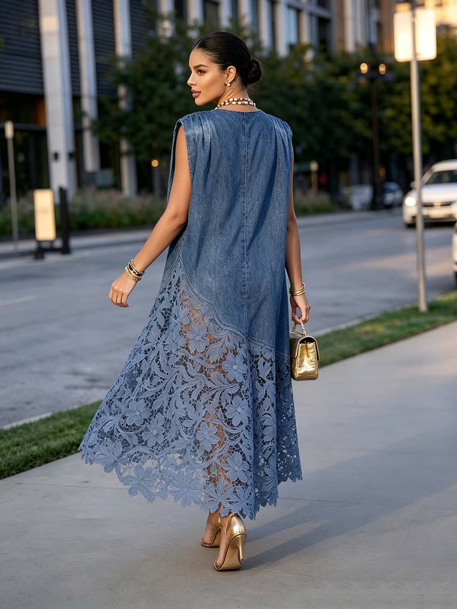 Elegant V-neck Denim Dress With Floral Lace Hem