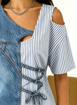 Women's Vertical Stripe Denim Patchwork Cutout Cold Shoulder Short Sleeve Top