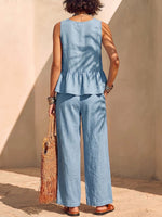 Women's Solid-color Cotton-linen Set: Sleeveless Round-neck Loose-fit Top & High-waisted Wide-leg Pants